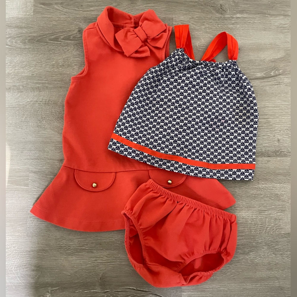Mixed/matching set of Janie and Jack summer outfits in coral/navy, size 12-18mo.
